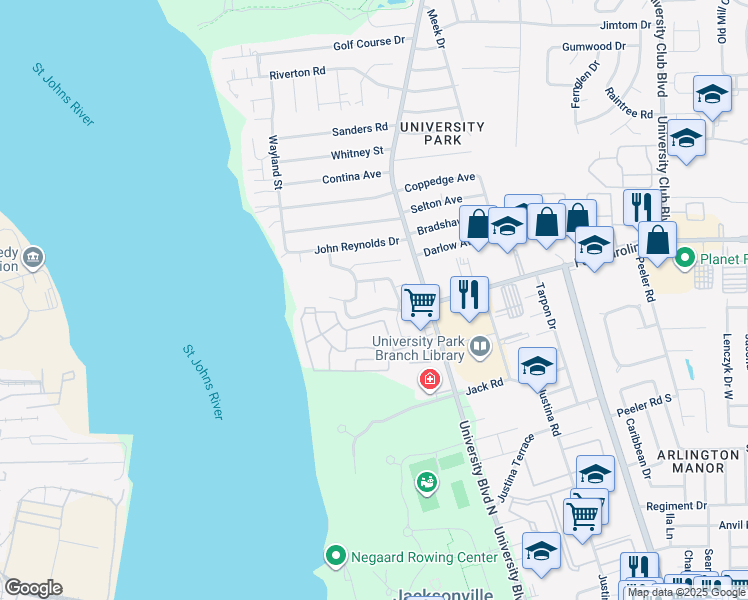 map of restaurants, bars, coffee shops, grocery stores, and more near 3631 Heathwood Court in Jacksonville