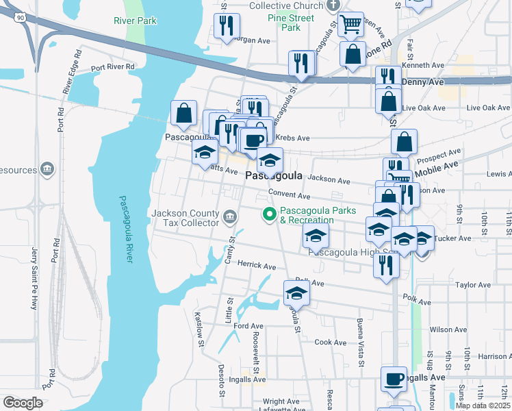 map of restaurants, bars, coffee shops, grocery stores, and more near 705 School Avenue in Pascagoula