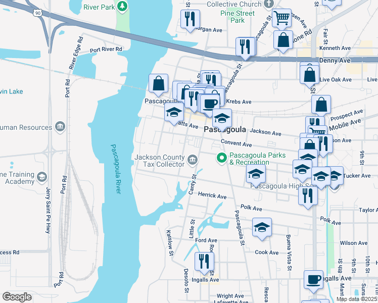map of restaurants, bars, coffee shops, grocery stores, and more near 3001-3099 Canty St in Pascagoula