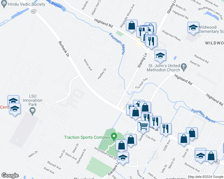 map of restaurants, bars, coffee shops, grocery stores, and more near 768 Fountain View Drive in Baton Rouge
