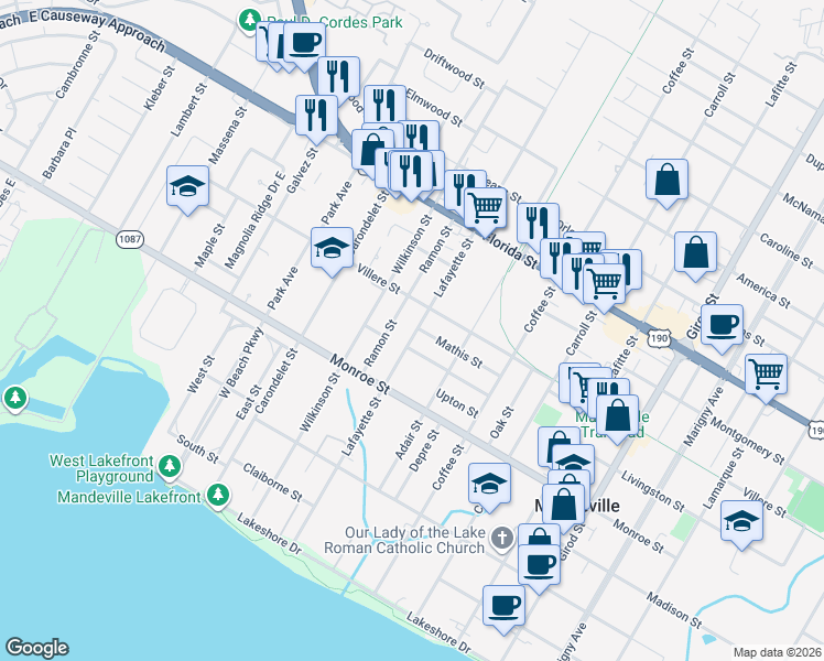 map of restaurants, bars, coffee shops, grocery stores, and more near 610 Lafayette Street in Mandeville