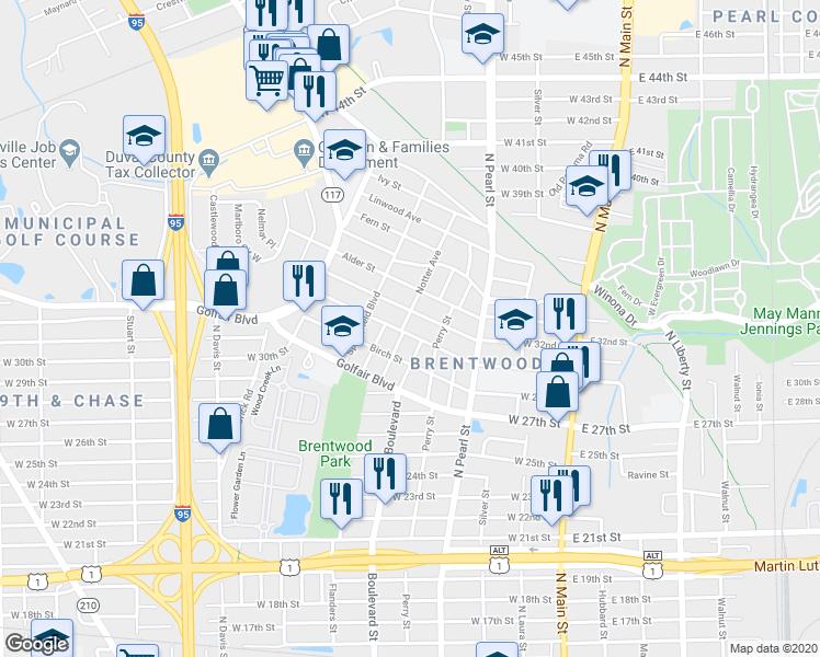 map of restaurants, bars, coffee shops, grocery stores, and more near 445 Woodbine Street in Jacksonville