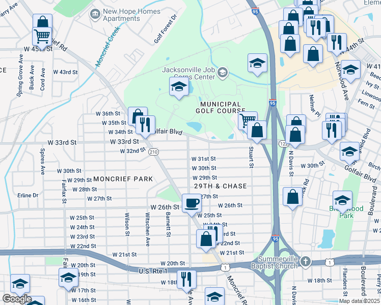map of restaurants, bars, coffee shops, grocery stores, and more near 1296 West 32nd Street in Jacksonville