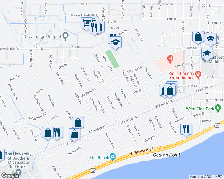 map of restaurants, bars, coffee shops, grocery stores, and more near 1309 Joseph Avenue in Gulfport