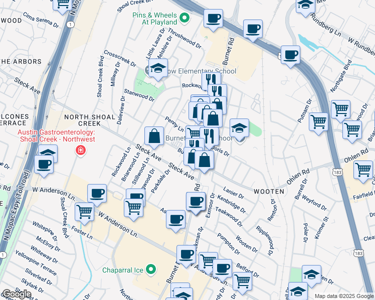map of restaurants, bars, coffee shops, grocery stores, and more near 2600 Buell Avenue in Austin