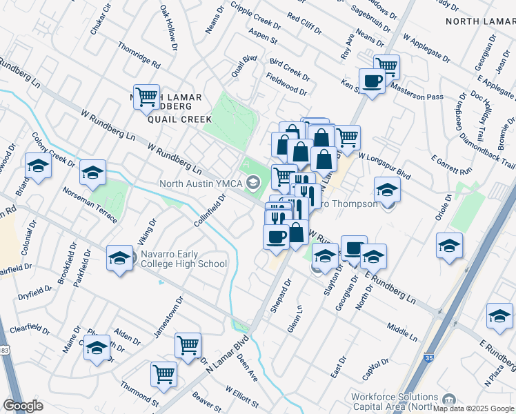 map of restaurants, bars, coffee shops, grocery stores, and more near 9305 Quail Field Drive in Austin