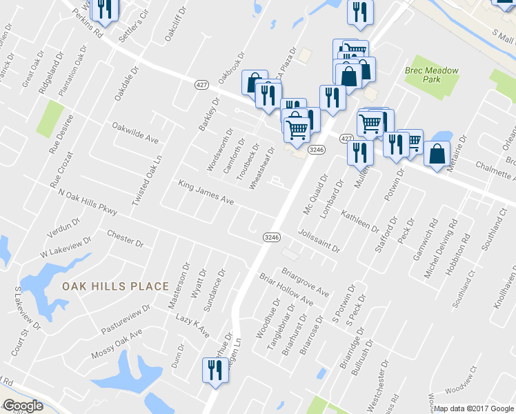 map of restaurants, bars, coffee shops, grocery stores, and more near 12751 King James Avenue in Baton Rouge
