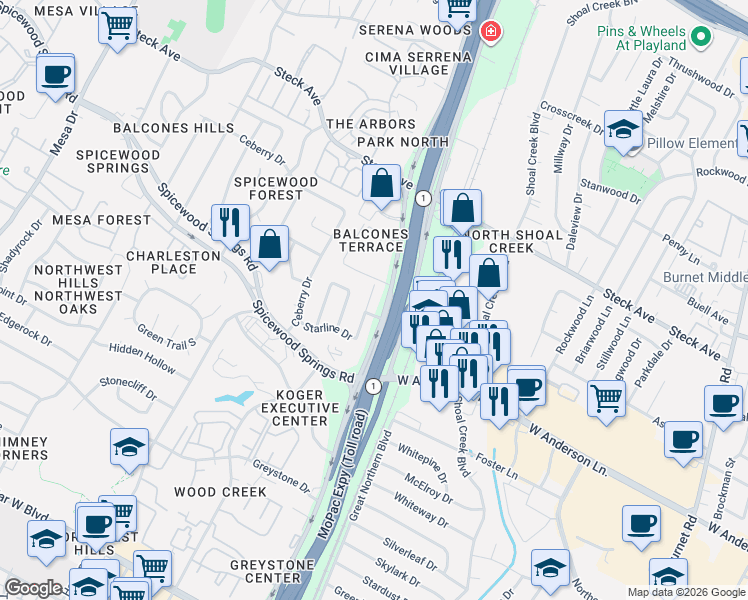 map of restaurants, bars, coffee shops, grocery stores, and more near 8007 Northforest Drive in Austin