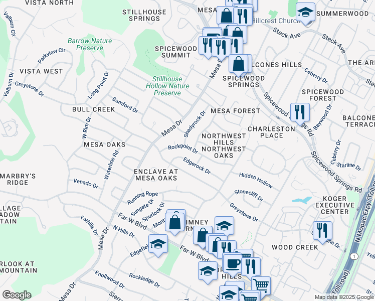 map of restaurants, bars, coffee shops, grocery stores, and more near 7603 Rockpoint Drive in Austin