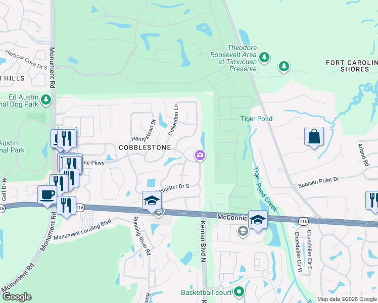 map of restaurants, bars, coffee shops, grocery stores, and more near 12365 Cobblestone Circle East in Jacksonville