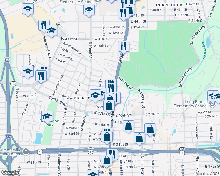 map of restaurants, bars, coffee shops, grocery stores, and more near 29 33rd Street West in Jacksonville