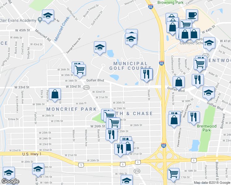map of restaurants, bars, coffee shops, grocery stores, and more near 1259 West 32nd Street in Jacksonville