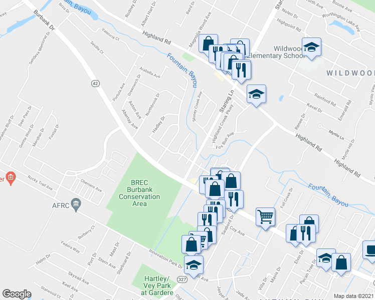 map of restaurants, bars, coffee shops, grocery stores, and more near 8091 Bayou Fountain Avenue in Baton Rouge