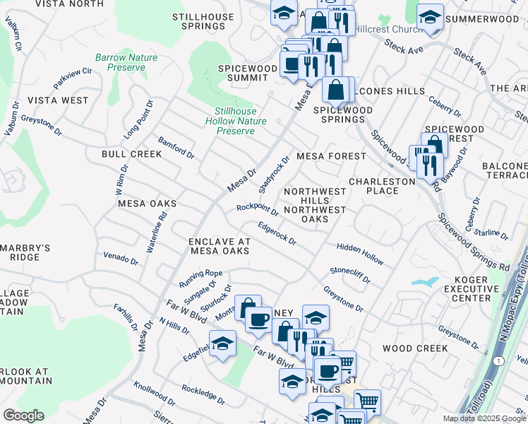 map of restaurants, bars, coffee shops, grocery stores, and more near 7603 Rockpoint Drive in Austin