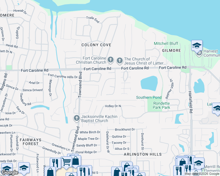 map of restaurants, bars, coffee shops, grocery stores, and more near 7612 Hovering Mist Way in Jacksonville