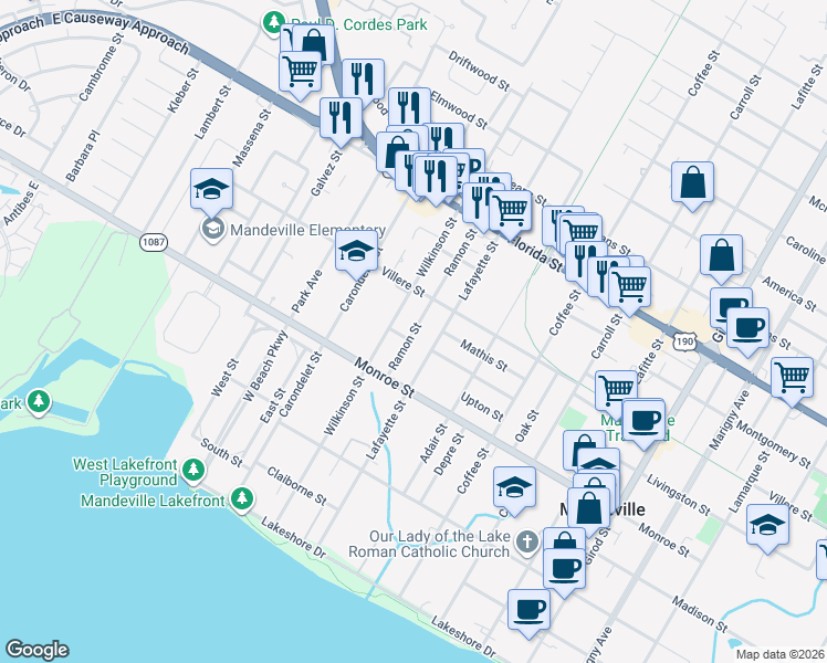 map of restaurants, bars, coffee shops, grocery stores, and more near 609/611/61 Wilkinson Street in Mandeville