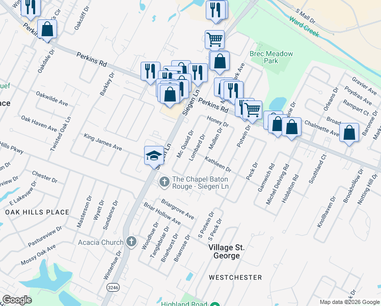 map of restaurants, bars, coffee shops, grocery stores, and more near 1836 Lombard Drive in Baton Rouge