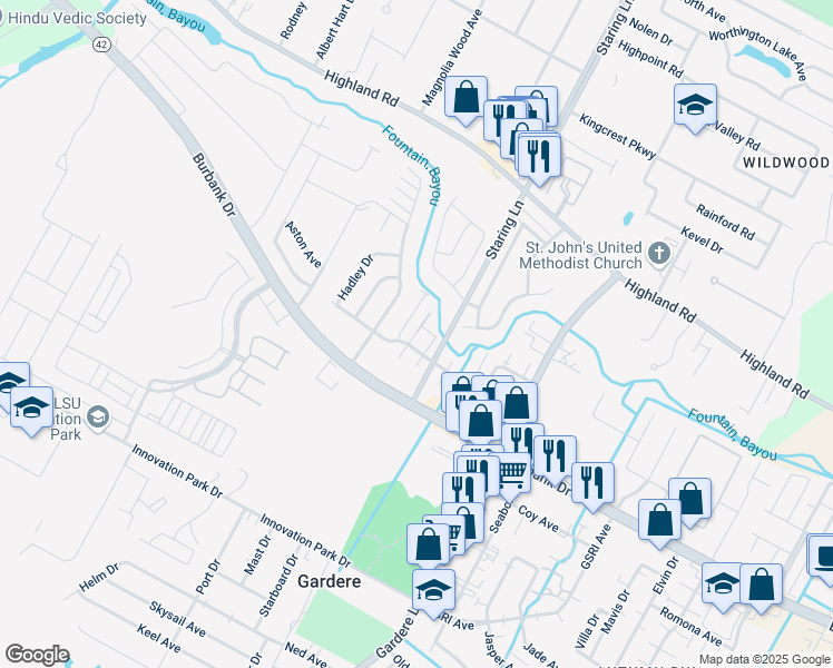 map of restaurants, bars, coffee shops, grocery stores, and more near 8091 Bayou Fountain Avenue in Baton Rouge
