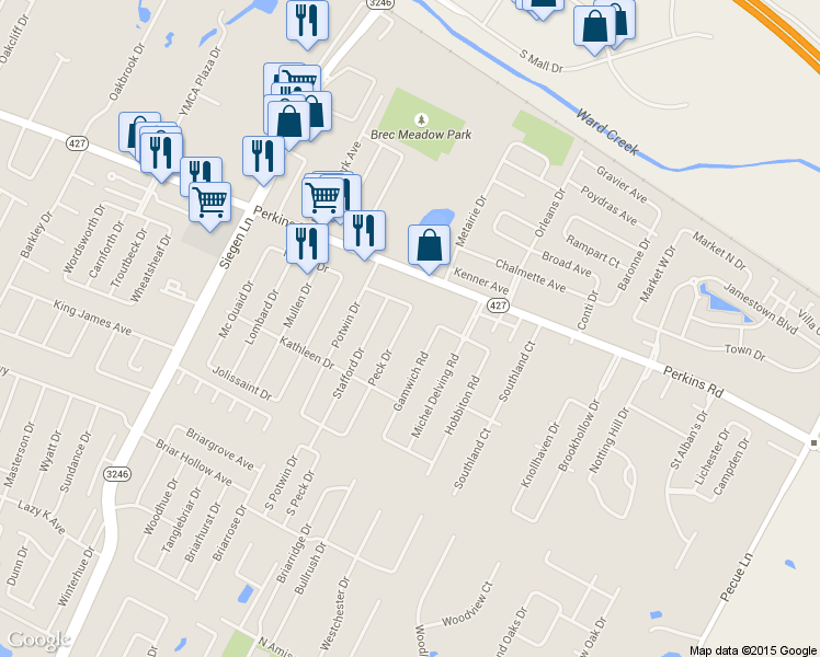 map of restaurants, bars, coffee shops, grocery stores, and more near 1968 Peck Drive in Baton Rouge