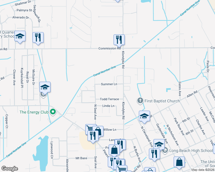 map of restaurants, bars, coffee shops, grocery stores, and more near 108 Summer Lane in Long Beach