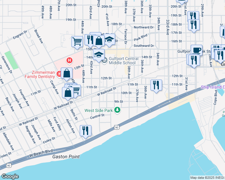 map of restaurants, bars, coffee shops, grocery stores, and more near 3901-3999 West Railroad Street in Gulfport