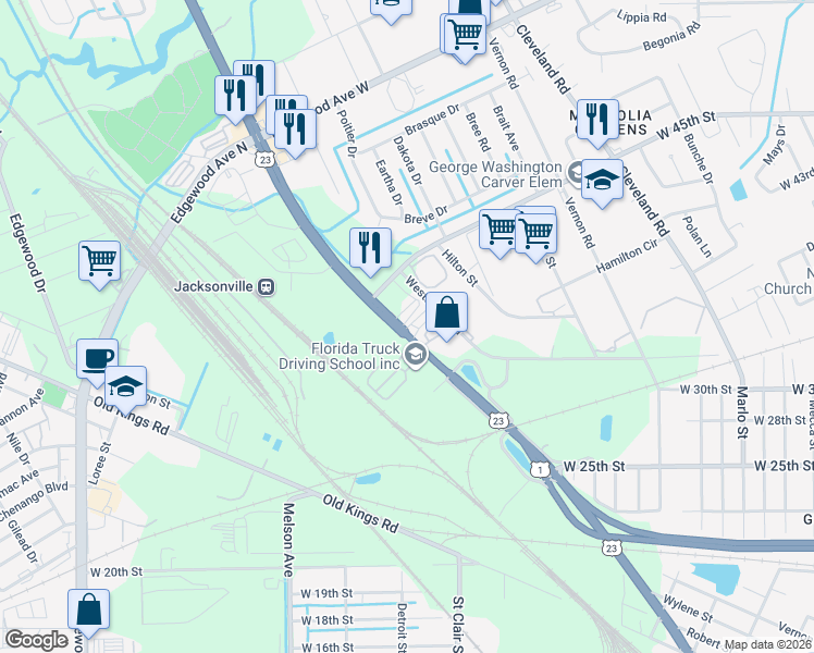 map of restaurants, bars, coffee shops, grocery stores, and more near 5367 New Kings Road in Jacksonville