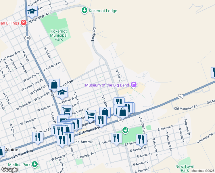 map of restaurants, bars, coffee shops, grocery stores, and more near 900 East Avenue A in Alpine