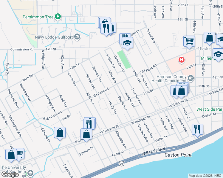 map of restaurants, bars, coffee shops, grocery stores, and more near 4905 Old Pass Road in Gulfport