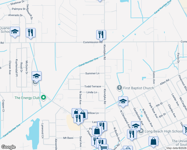 map of restaurants, bars, coffee shops, grocery stores, and more near 108 Summer Lane in Long Beach