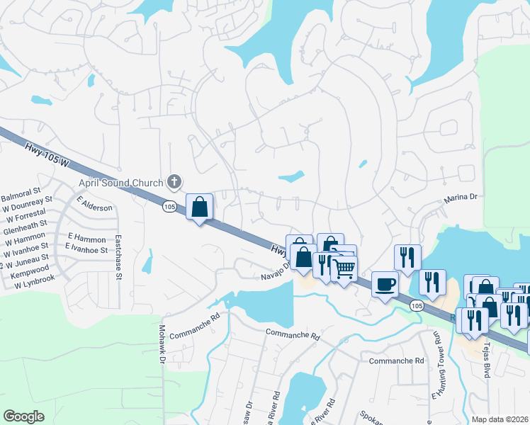 map of restaurants, bars, coffee shops, grocery stores, and more near 105 Springs Edge Drive in Montgomery