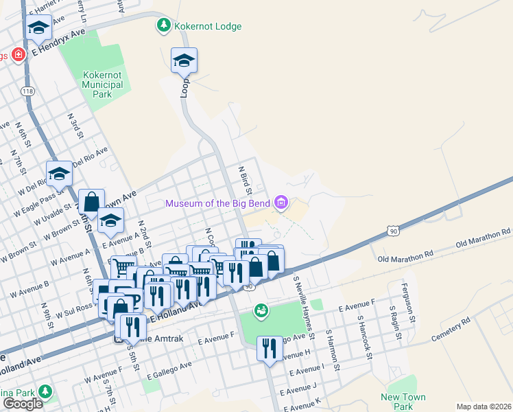 map of restaurants, bars, coffee shops, grocery stores, and more near 504 North Bird Street in Alpine