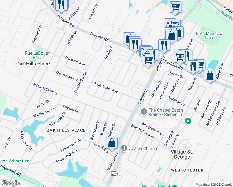 map of restaurants, bars, coffee shops, grocery stores, and more near 12637 King James Avenue in Baton Rouge
