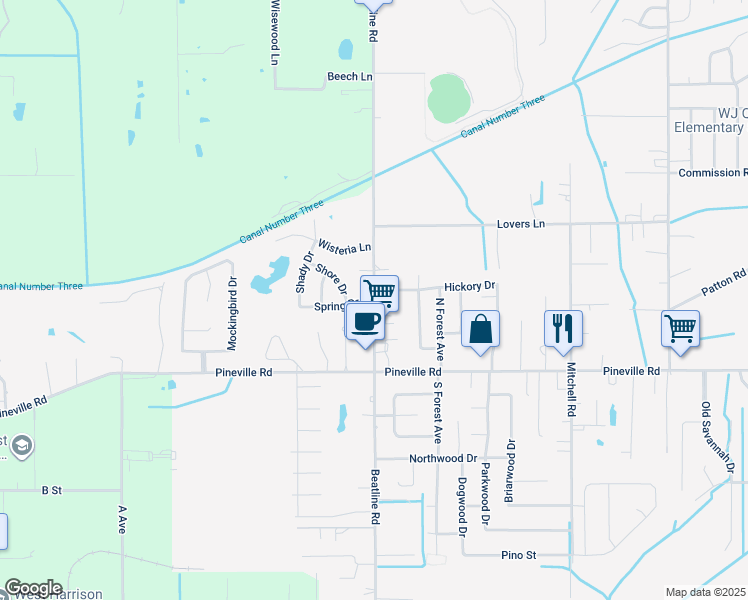 map of restaurants, bars, coffee shops, grocery stores, and more near 5136 Beatline Road in Long Beach