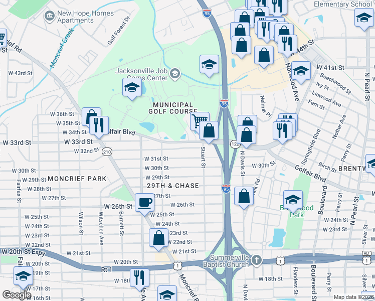 map of restaurants, bars, coffee shops, grocery stores, and more near 1134 West 32nd Street in Jacksonville