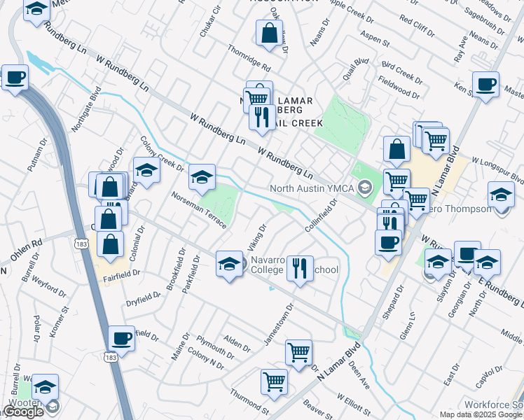 map of restaurants, bars, coffee shops, grocery stores, and more near 1203 Inland Greens in Austin