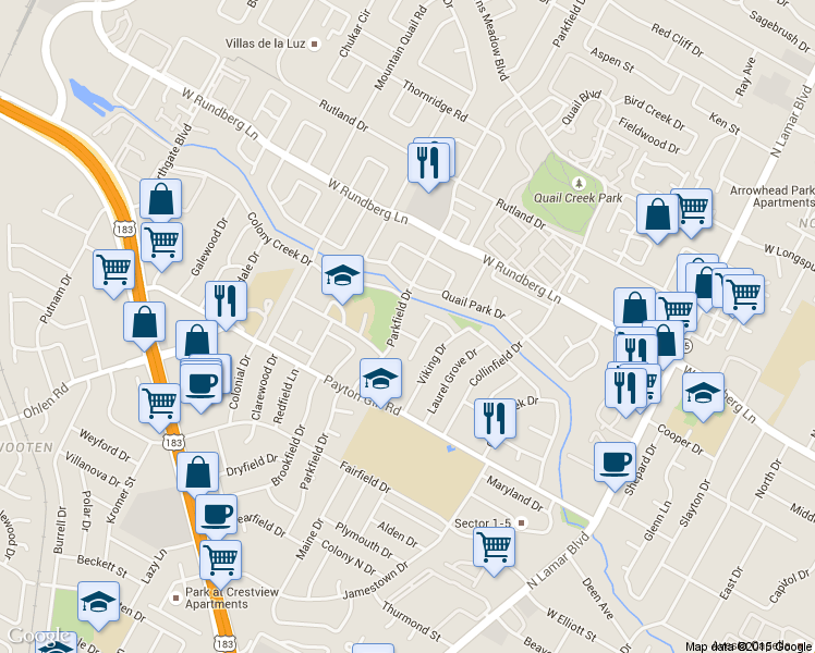 map of restaurants, bars, coffee shops, grocery stores, and more near 1203 Inland Greens in Austin