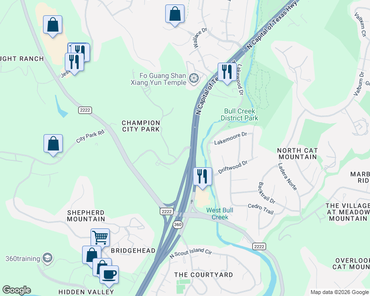 map of restaurants, bars, coffee shops, grocery stores, and more near 6500 Champion Grandview Way in Austin