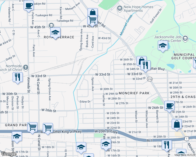 map of restaurants, bars, coffee shops, grocery stores, and more near 4222 Connie Street in Jacksonville