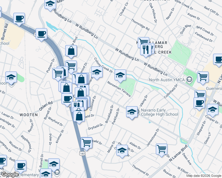 map of restaurants, bars, coffee shops, grocery stores, and more near 8907 Covey Court in Austin