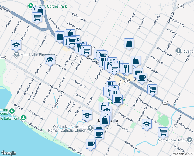 map of restaurants, bars, coffee shops, grocery stores, and more near 740 Coffee Street in Mandeville