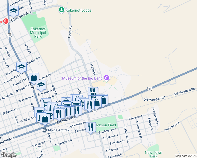 map of restaurants, bars, coffee shops, grocery stores, and more near 1103 East Avenue B in Alpine