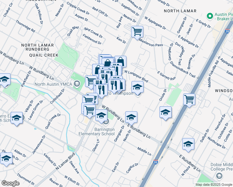 map of restaurants, bars, coffee shops, grocery stores, and more near 9515 North Lamar Boulevard in Austin