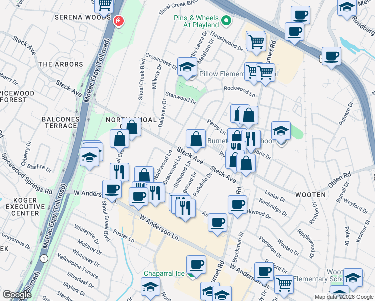 map of restaurants, bars, coffee shops, grocery stores, and more near 8201 Briarwood Lane in Austin
