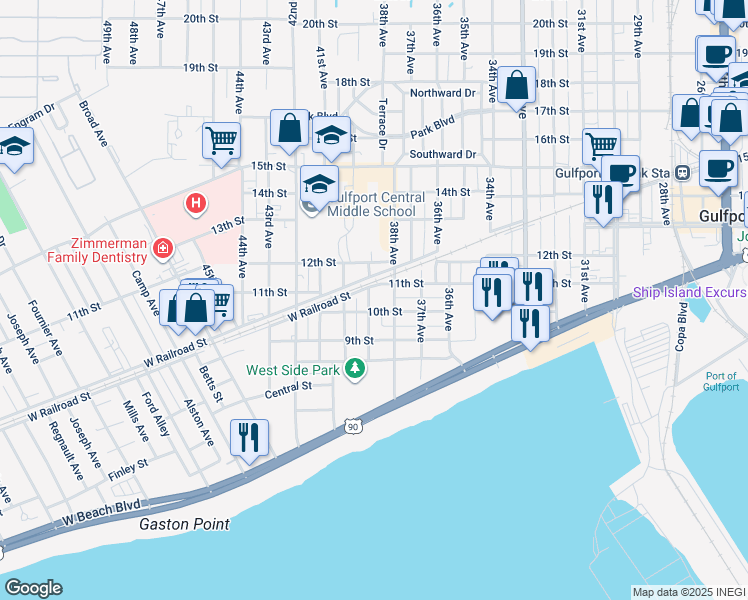 map of restaurants, bars, coffee shops, grocery stores, and more near 1008 39th Avenue in Gulfport