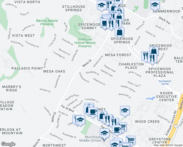 map of restaurants, bars, coffee shops, grocery stores, and more near 7603 Rockpoint Drive in Austin