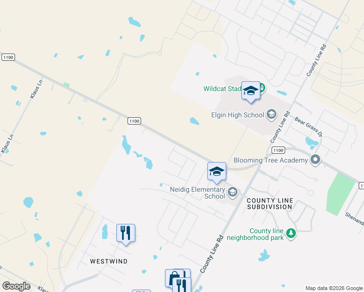 map of restaurants, bars, coffee shops, grocery stores, and more near 18300 Farm to Market Road 1100 in Elgin