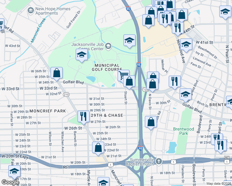 map of restaurants, bars, coffee shops, grocery stores, and more near 1134 West 32nd Street in Jacksonville