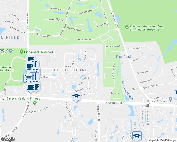 map of restaurants, bars, coffee shops, grocery stores, and more near 12365 Cobblestone Circle East in Jacksonville