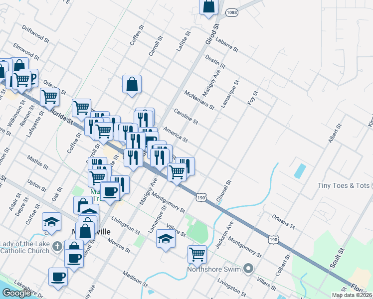 map of restaurants, bars, coffee shops, grocery stores, and more near 1822 America Street in Mandeville