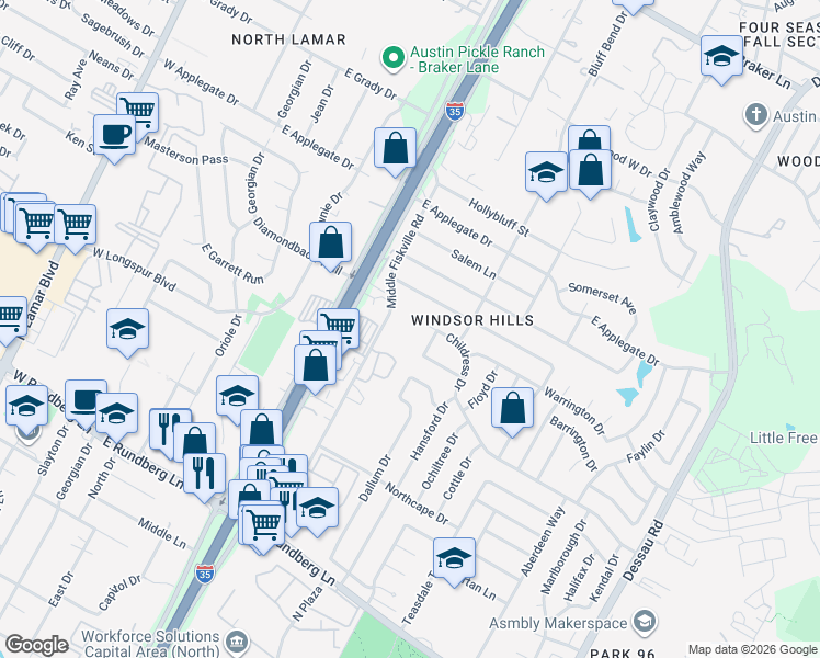 map of restaurants, bars, coffee shops, grocery stores, and more near 10017 Middle Fiskville Road in Austin